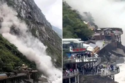 A huge landslide has crashed down near a viewing platform crammed with tourists - with hundreds scrambling for their lives as boulders smashed into the river.