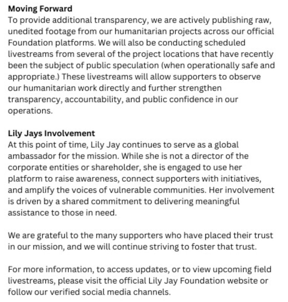 Influencer Lily Jay insists her charity work is "real" and hits back at "propaganda" after an ABC News investigation questioned whether her foundation used AI-generated videos.