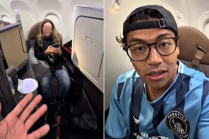 An influencer got into a heated row with a "Karen" in first class after she took his seat and demanded he move, claiming she had paid while he was there on an upgrade.