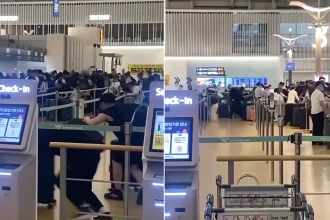 Chaos at Incheon Airport in South Korea as dozens of Chinese travellers duck under barriers and charge at check-in desks - injuring staff in the frantic queue-jumping surge.