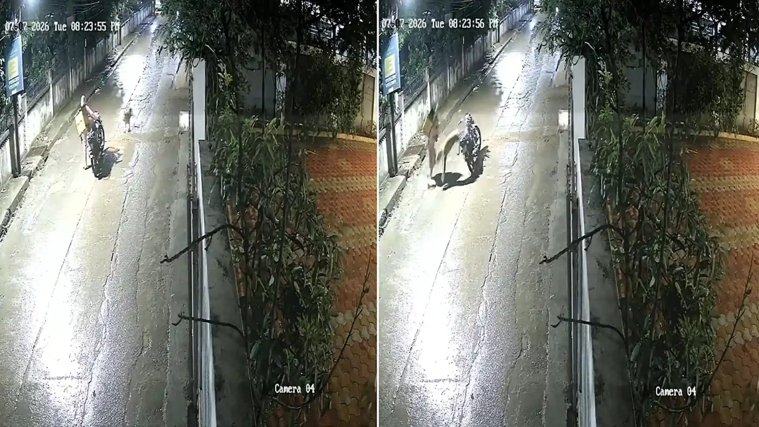 A leopard pounced on a delivery rider mid-shift in India, knocking his bike over before he sprinted away unharmed - the big cat is still on the loose.
