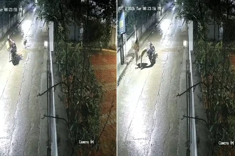 A leopard pounced on a delivery rider mid-shift in India, knocking his bike over before he sprinted away unharmed - the big cat is still on the loose.