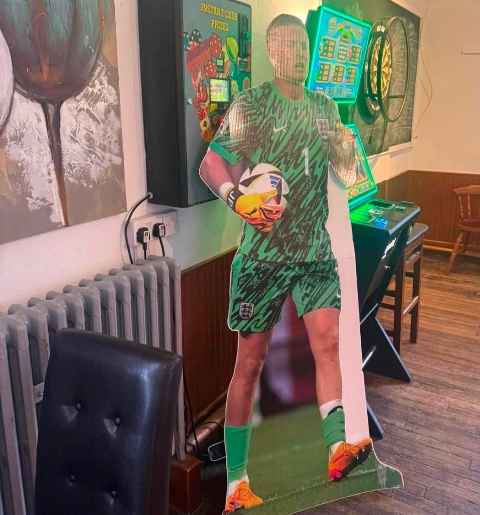 A cardboard cutout of Jordan Pickford "stolen" from a Norfolk pub during England's Mexico win has been returned - just in time to help "keep out" Norway's Erling Haaland.