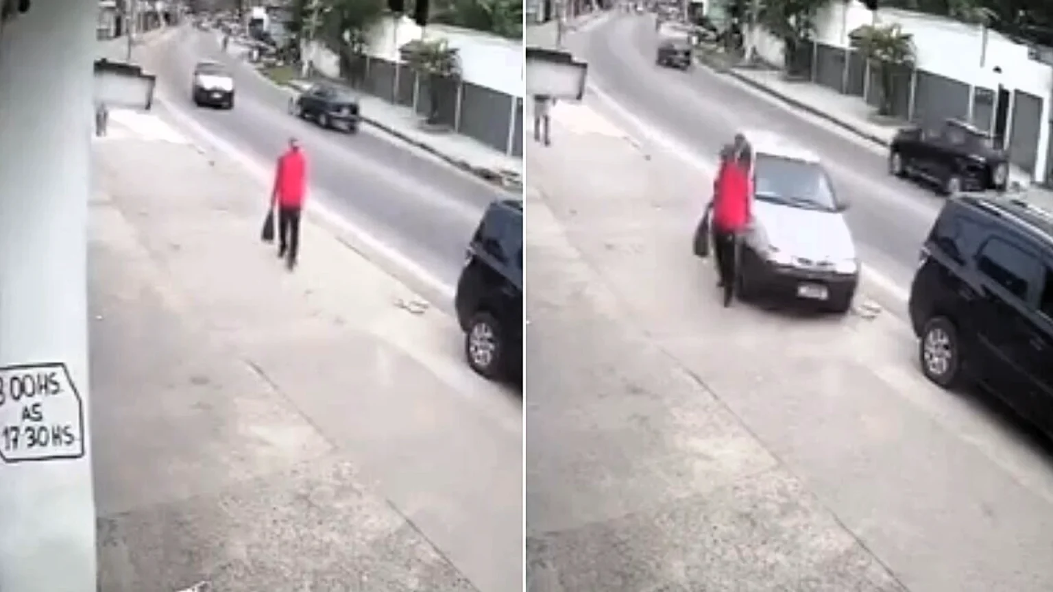 Lucky pensioner, 74, escaped without a scratch after an out-of-control car mounted the pavement and shot through the tiny gap between him and a parked car in Rio de Janeiro.