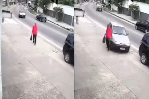 Lucky pensioner, 74, escaped without a scratch after an out-of-control car mounted the pavement and shot through the tiny gap between him and a parked car in Rio de Janeiro.