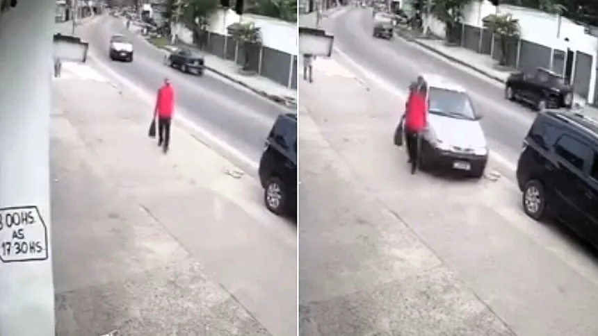 Lucky pensioner, 74, escaped without a scratch after an out-of-control car mounted the pavement and shot through the tiny gap between him and a parked car in Rio de Janeiro.