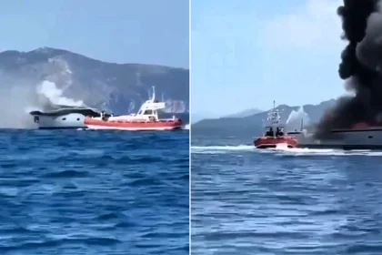 A £1.7m superyacht caught fire and sank off Sardinia's coast, forcing two adults and an 11-year-old to abandon ship - all were rescued shaken but unharmed.