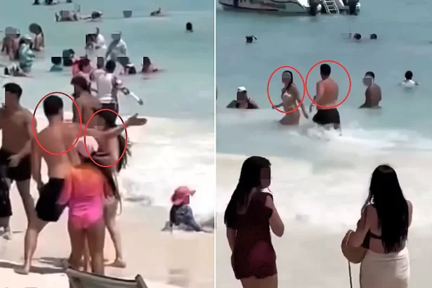 Man allegedly attacks his partner and a mistaken bystander on a packed Dominican Republic beach, before onlookers drag him into the sea and beat him.