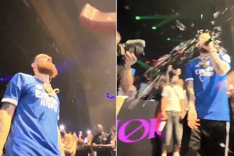 A mass brawl erupted and 1,200 fans were evacuated after a glass smashed on rapper Hades66's head during a show in Mallorca - he leapt into the crowd to hunt the thrower.