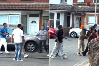 Horrified children watched from a park as a mass brawl erupted on a Luton street in broad daylight, with men attacking each other using shovels, bats and even a plastic chair.