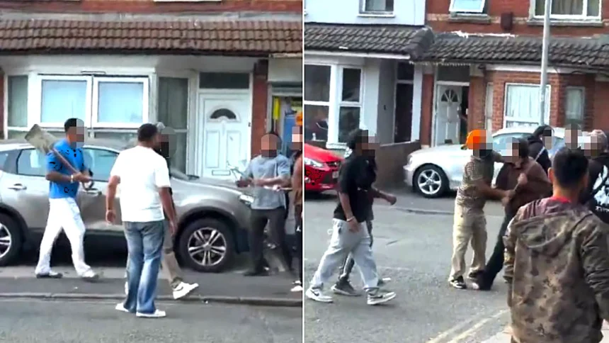 Horrified children watched from a park as a mass brawl erupted on a Luton street in broad daylight, with men attacking each other using shovels, bats and even a plastic chair.