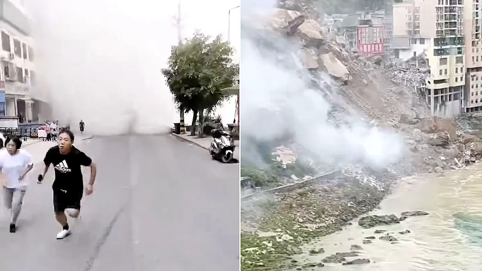 Dramatic footage captured the terrifying moment a landslide flattened residential buildings in Pengshui County, China, with people feared trapped under the debris.