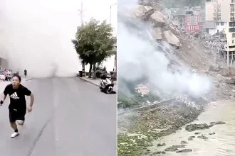 Dramatic footage captured the terrifying moment a landslide flattened residential buildings in Pengshui County, China, with people feared trapped under the debris.