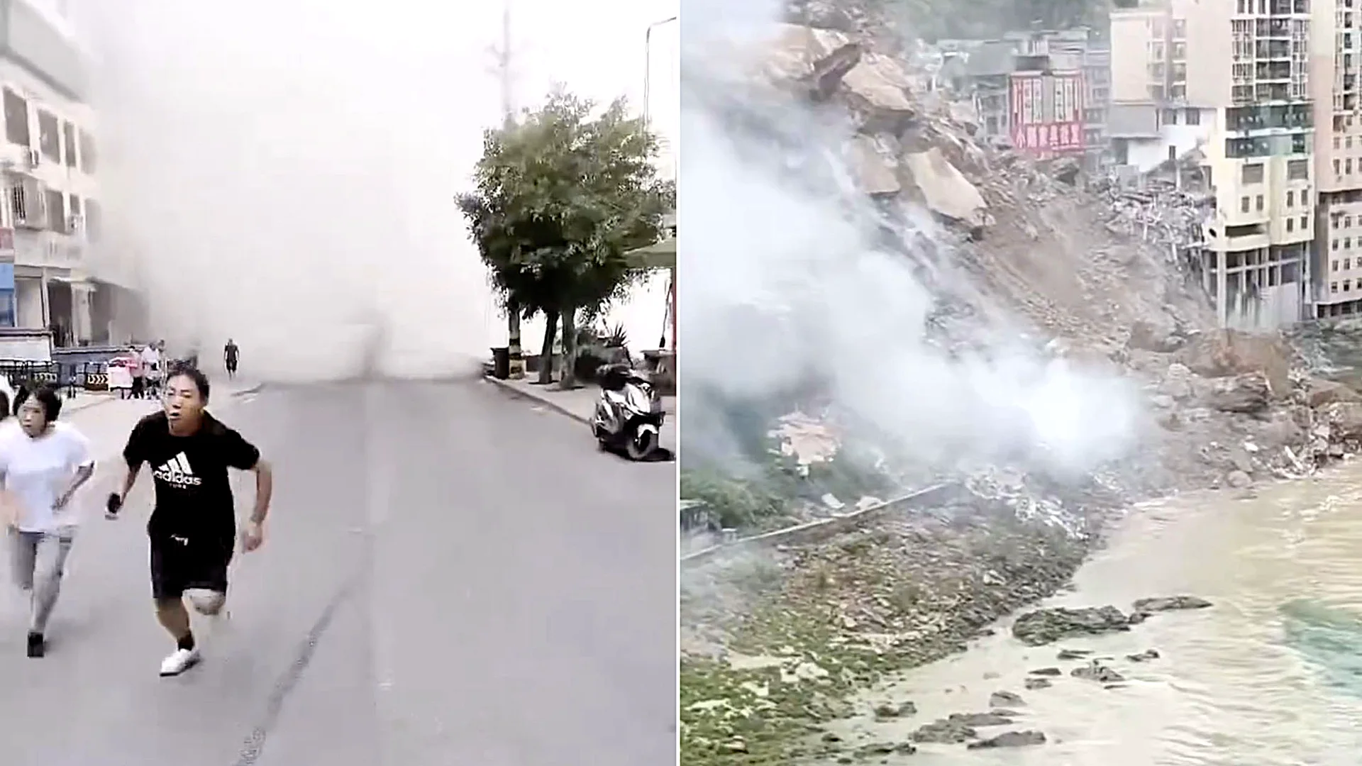 Dramatic footage captured the terrifying moment a landslide flattened residential buildings in Pengshui County, China, with people feared trapped under the debris.
