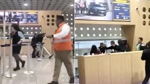 A family thrown off an Aeroméxico flight for alleged drunken behaviour turned violent again in the terminal, brawling with staff and hurling a bottle before security stepped in.