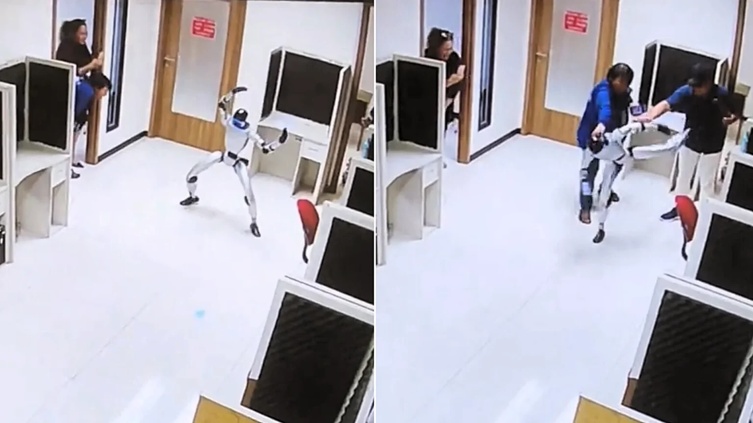 A "rogue" robot appeared to launch kung fu kicks at startled handlers on its first day at work in Jakarta - but the viral rampage was entirely staged.