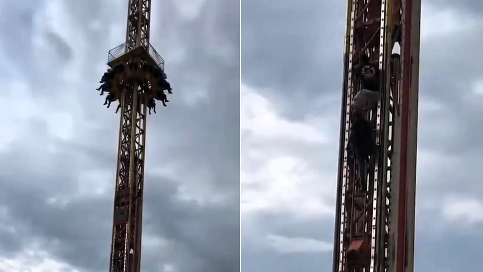 Seven terrified thrillseekers were left stranded 33ft in the air for over half an hour after a pulley snapped on a free-fall tower ride at a fair in Mexico - but no one was injured.