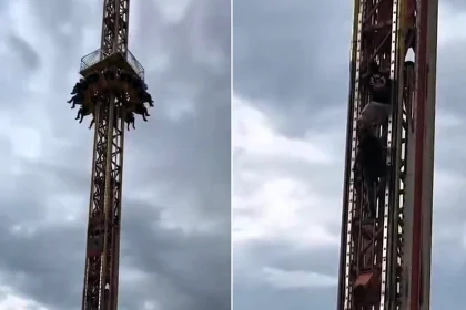 Seven terrified thrillseekers were left stranded 33ft in the air for over half an hour after a pulley snapped on a free-fall tower ride at a fair in Mexico - but no one was injured.