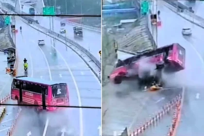 One person was killed and more than 30 injured after a bus skidded and flipped onto its roof on a rain-soaked motorway in India - CCTV shows it hurtling out of control.