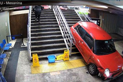 A car smashed through railings and down the steps of a train station in Chile after a two-car crash - killing a nursing assistant and injuring five others.