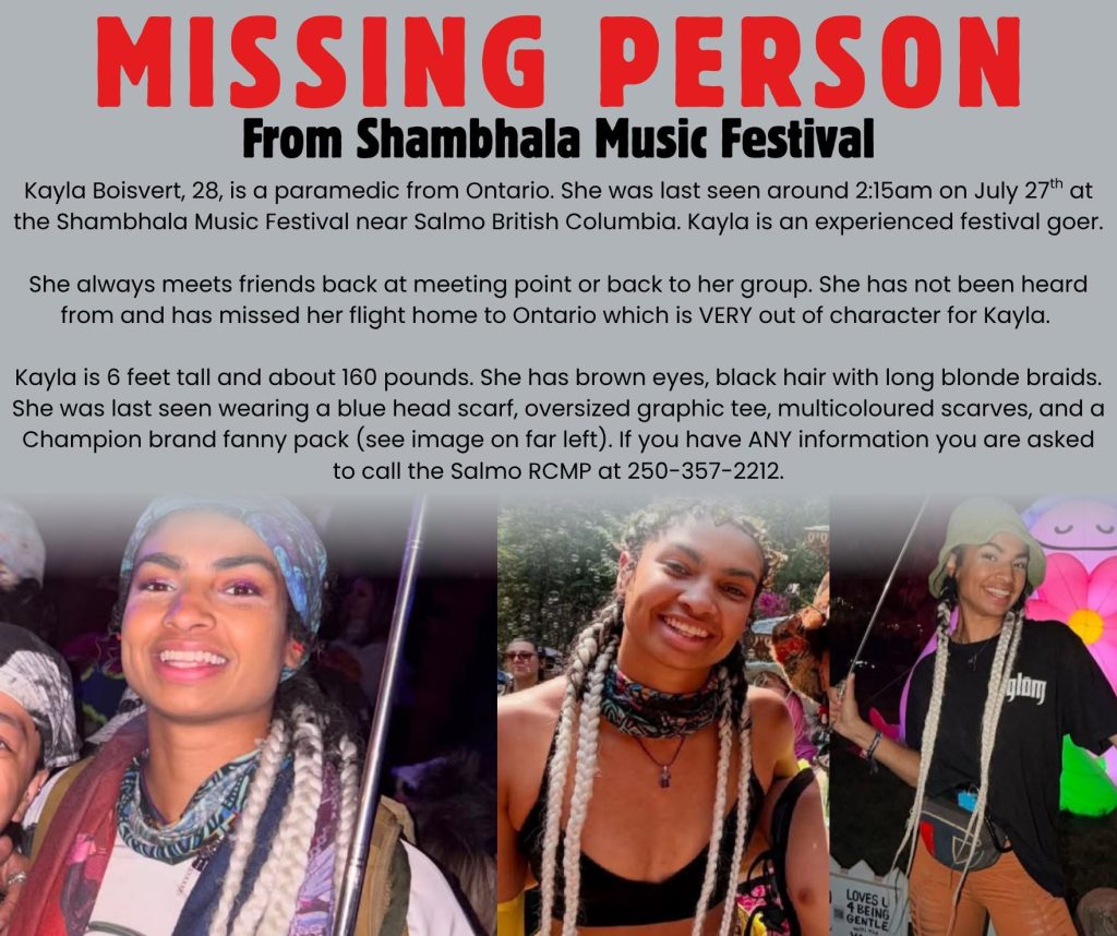 A paramedic has vanished from a four-day music festival in British Columbia - Kayla Boisvert, 28, missed her flight home and her last text came around 3am on 27 Jul.