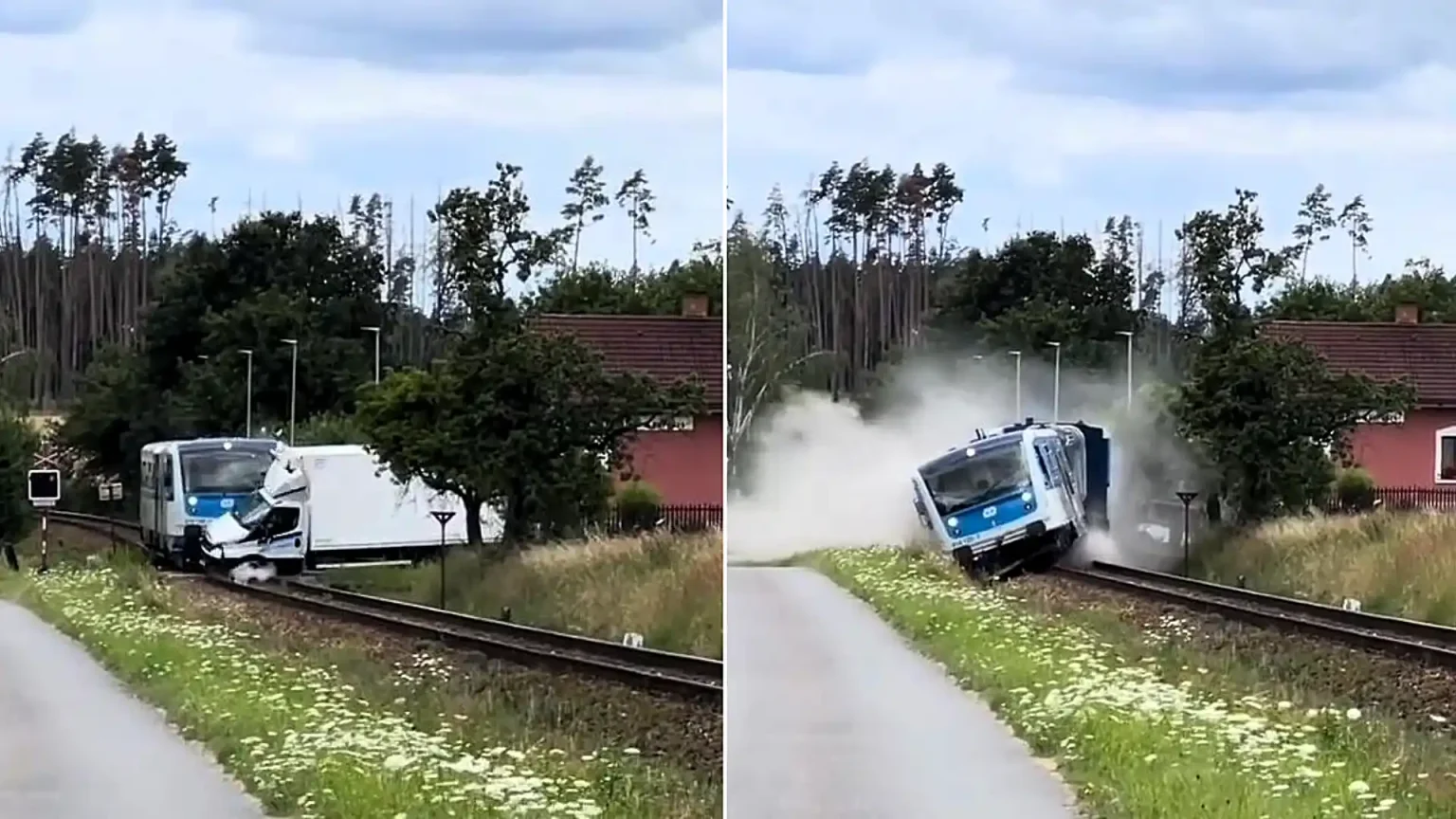 Passenger train derailed after smashing into a lorry that drove onto a level crossing at speed - despite warning bells and the driver desperately blasting the horn - in the Czech Republic.