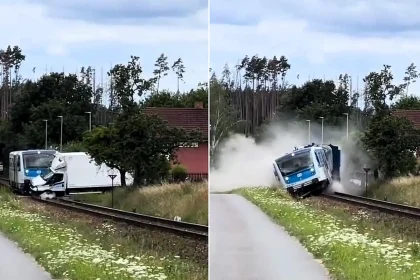 Passenger train derailed after smashing into a lorry that drove onto a level crossing at speed - despite warning bells and the driver desperately blasting the horn - in the Czech Republic.