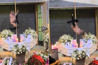 A pole dancer performed at a funeral for a couple who ran a legendary Amsterdam nightclub - the husband was exhumed after 30 years so they could be cremated together.