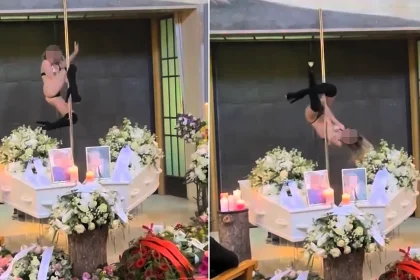A pole dancer performed at a funeral for a couple who ran a legendary Amsterdam nightclub - the husband was exhumed after 30 years so they could be cremated together.