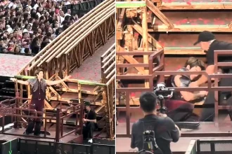 Pop star Wang Leehom needed 39 stitches after splitting his ear and face open in an on-stage fall - but the 50-year-old finished the song with blood streaming down his face.