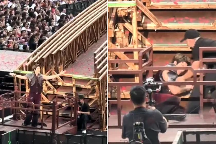 Pop star Wang Leehom needed 39 stitches after splitting his ear and face open in an on-stage fall - but the 50-year-old finished the song with blood streaming down his face.