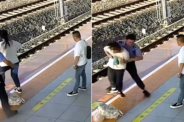 A quick-thinking railway guard and former soldier hauls a pregnant woman to safety just feet from an oncoming bullet train in China - shielding her with his body until it stopped.