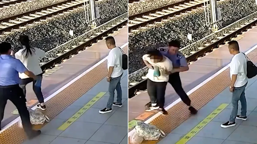 A quick-thinking railway guard and former soldier hauls a pregnant woman to safety just feet from an oncoming bullet train in China - shielding her with his body until it stopped.