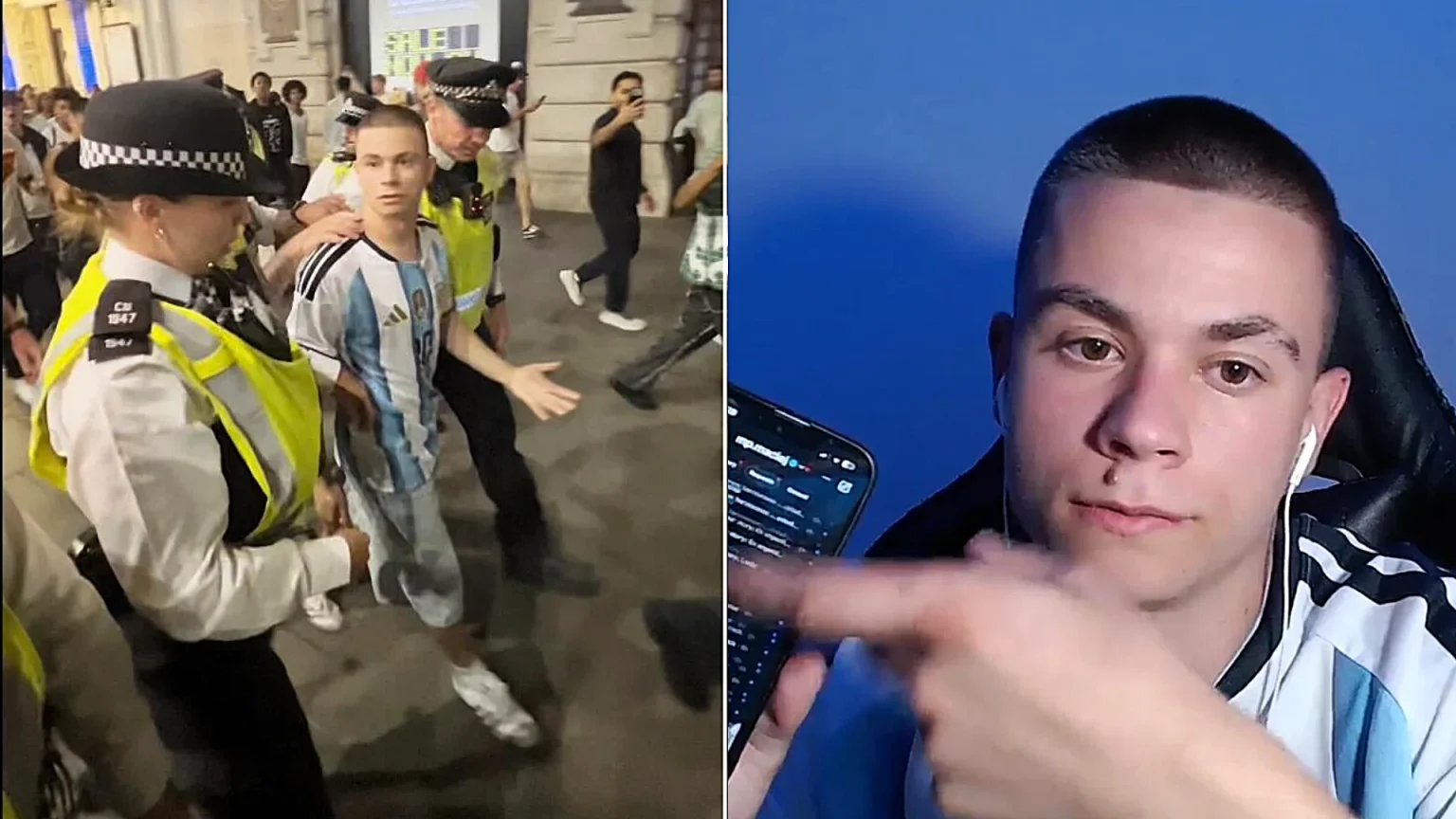 A TikTok prankster who was rescued by police after taunting England fans in Piccadilly Circus with an Argentina shirt claims his stunt was "not meant" to spark a riot.