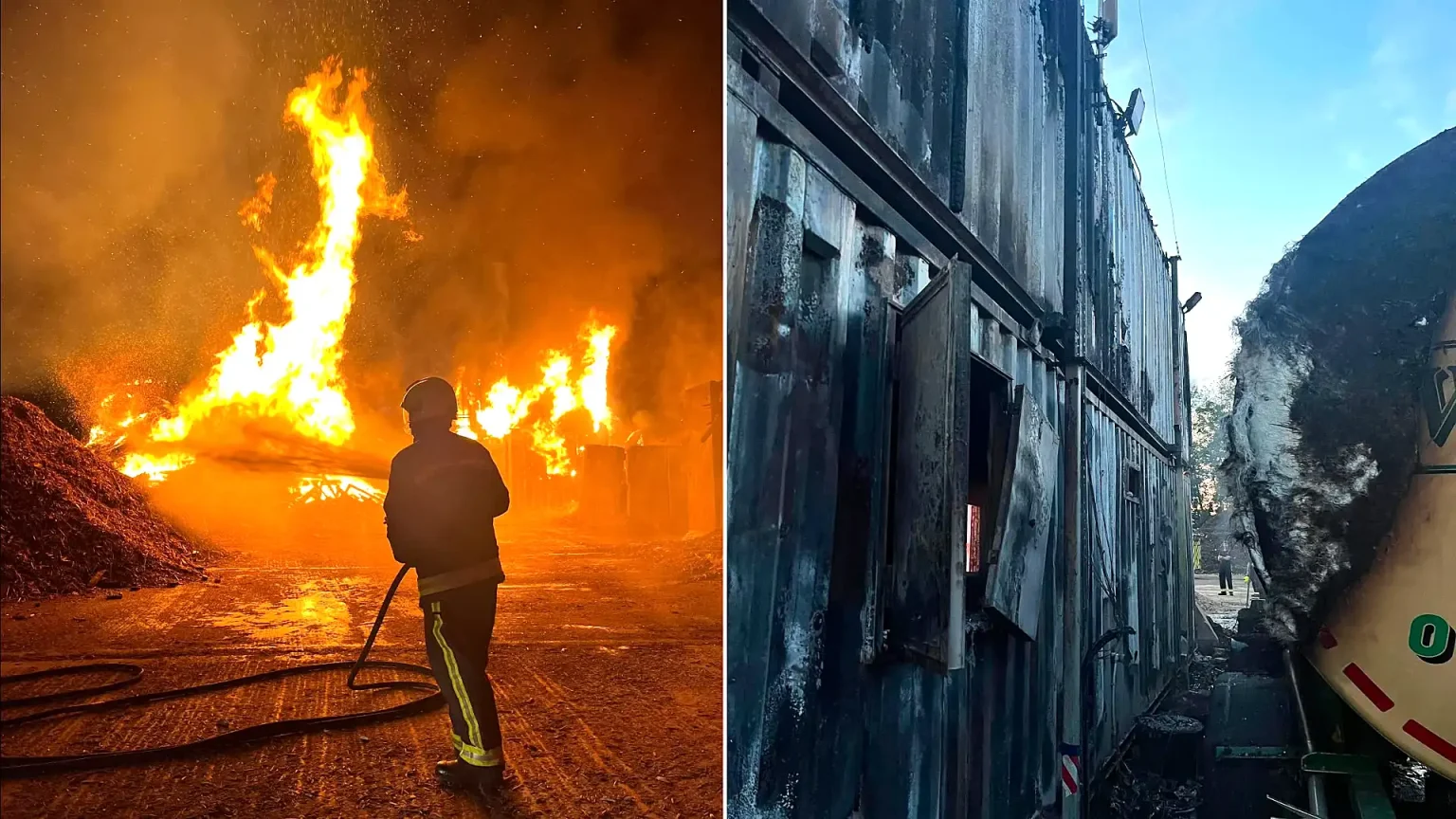 Firefighters from five stations battled a raging inferno as 200 tons of wood erupted into flames near Taunton during Britain's scorching summer heatwave.