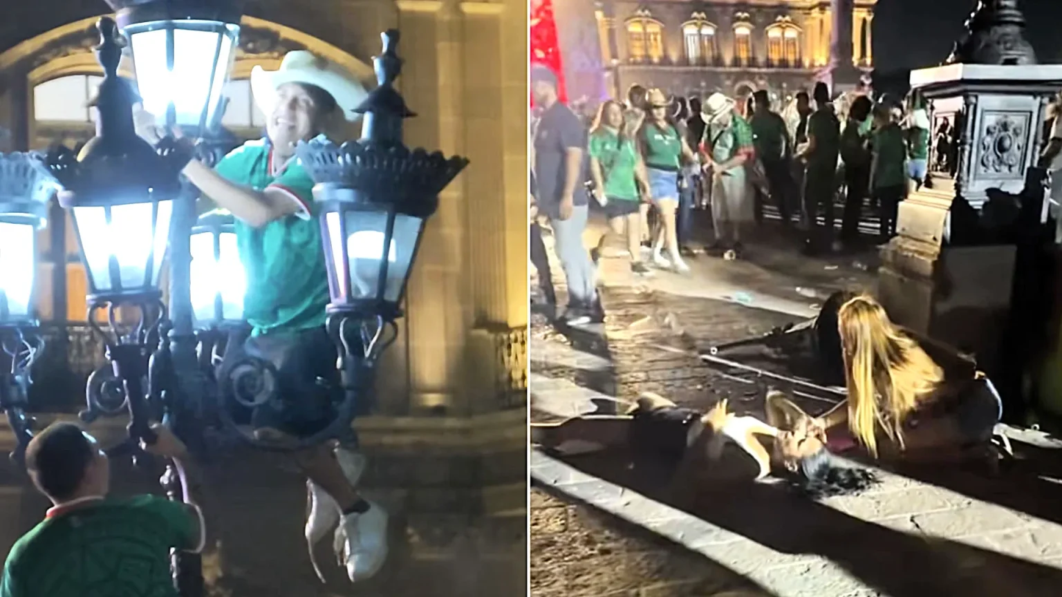 Wild footage shows Mexico fans crashing to the ground after climbing a historic lamppost during World Cup celebrations in Monterrey's Macroplaza.