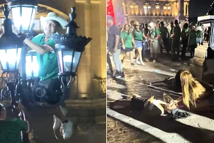 Wild footage shows Mexico fans crashing to the ground after climbing a historic lamppost during World Cup celebrations in Monterrey's Macroplaza.