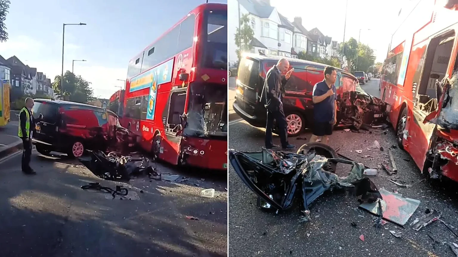 An out-of-service double-decker bus and a van were left wrecked after crashing in Harlesden, north-west London, with both drivers hospitalised and traffic thrown into chaos.