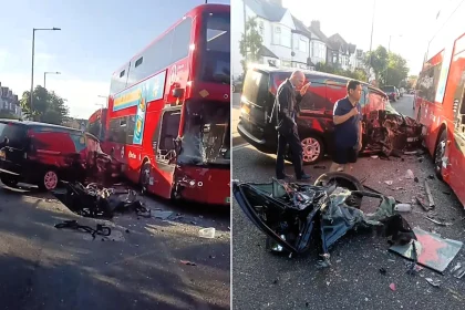 An out-of-service double-decker bus and a van were left wrecked after crashing in Harlesden, north-west London, with both drivers hospitalised and traffic thrown into chaos.