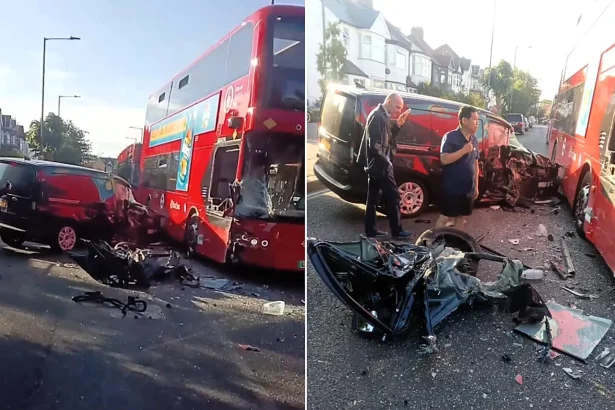 An out-of-service double-decker bus and a van were left wrecked after crashing in Harlesden, north-west London, with both drivers hospitalised and traffic thrown into chaos.