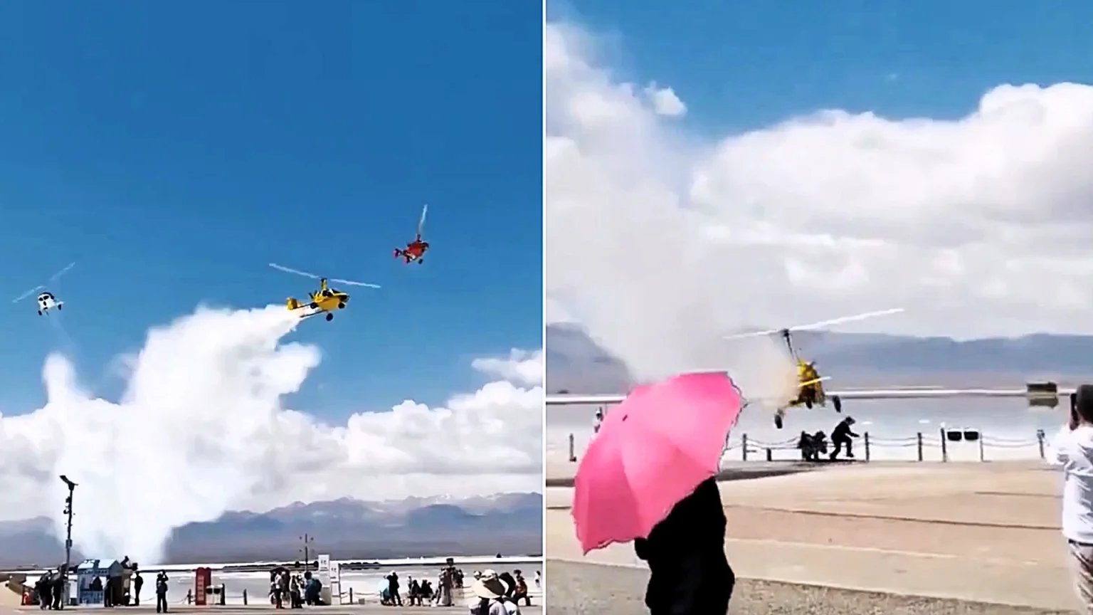 A sightseeing gyroplane spun out of control and crash-landed on two tourists at a Chinese scenic spot, leaving both with head injuries - one seriously hurt.