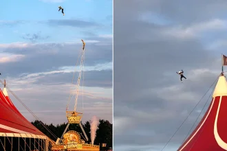 A stuntman was rushed to hospital after a hard landing when he was catapulted at 115mph over a circus big top in front of cheering crowds at a Dutch festival.