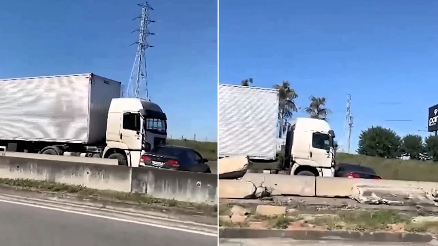 An 83-year-old woman escaped without a scratch after her car was hit by an HGV and dragged for hundreds of yards along a Brazilian motorway.An 83-year-old woman escaped without a scratch after her car was hit by an HGV and dragged for hundreds of yards along a Brazilian motorway.