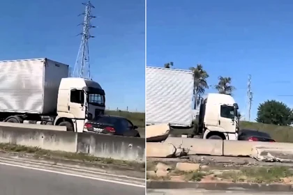 An 83-year-old woman escaped without a scratch after her car was hit by an HGV and dragged for hundreds of yards along a Brazilian motorway.An 83-year-old woman escaped without a scratch after her car was hit by an HGV and dragged for hundreds of yards along a Brazilian motorway.