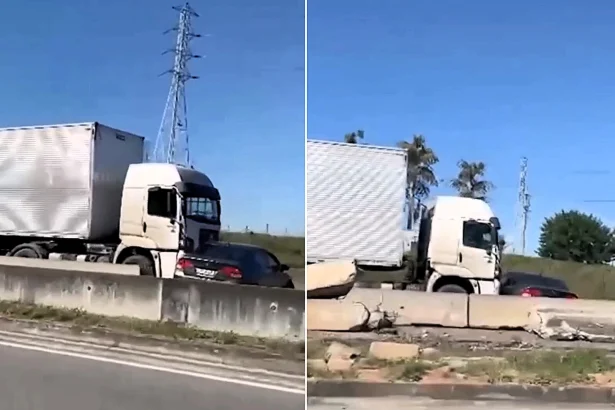 An 83-year-old woman escaped without a scratch after her car was hit by an HGV and dragged for hundreds of yards along a Brazilian motorway.An 83-year-old woman escaped without a scratch after her car was hit by an HGV and dragged for hundreds of yards along a Brazilian motorway.