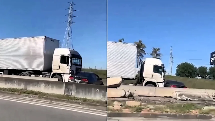 An 83-year-old woman escaped without a scratch after her car was hit by an HGV and dragged for hundreds of yards along a Brazilian motorway.An 83-year-old woman escaped without a scratch after her car was hit by an HGV and dragged for hundreds of yards along a Brazilian motorway.