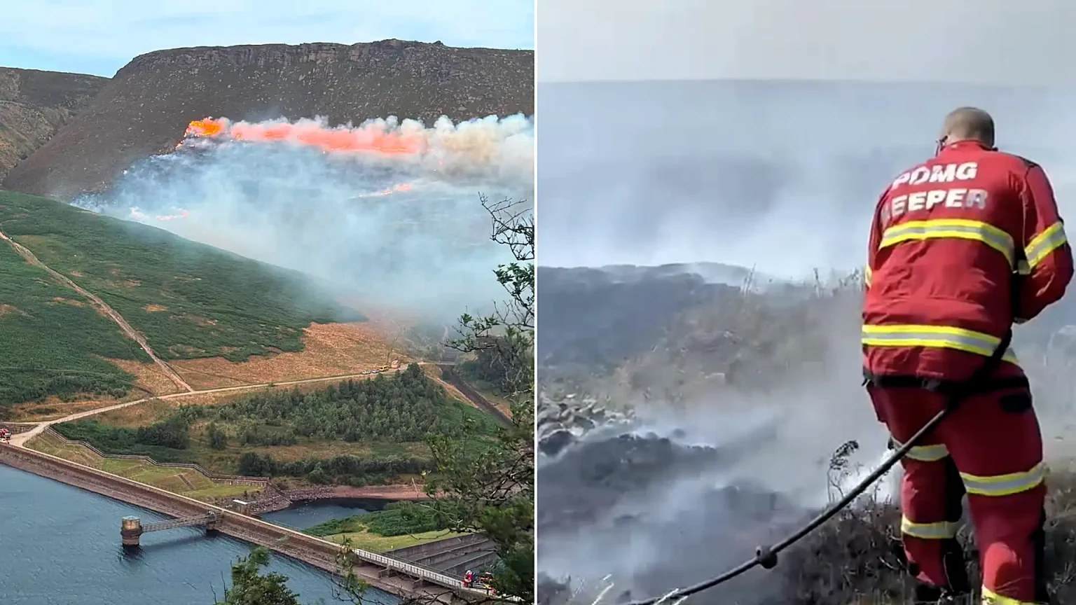 Crews battle day and night to stop a huge wildfire tearing across the tinder-dry Peak District - deep peat ignitions keep reigniting the blaze as it creeps towards homes near Carrbrook.