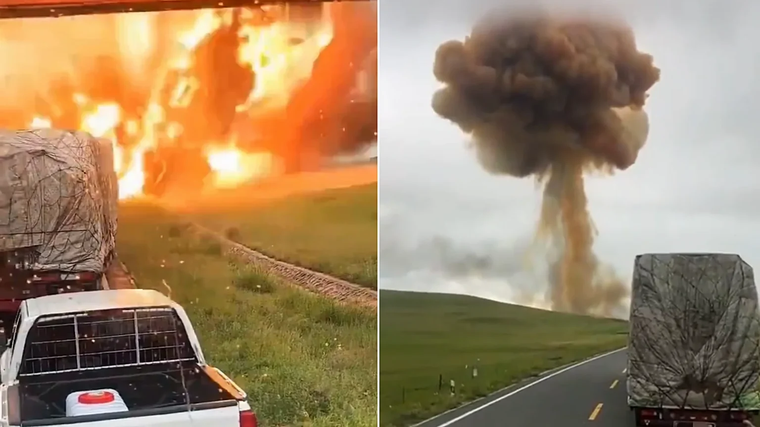 A lorry carrying ammonium nitrate exploded into a huge fireball after a highway crash in China, killing two and injuring four, with footage capturing the blast up close.