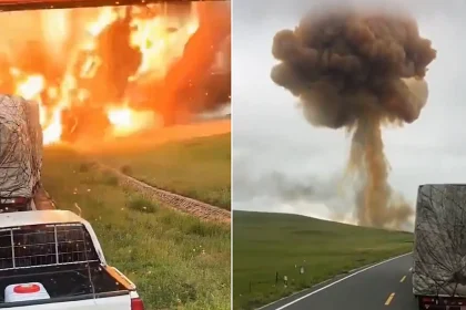 A lorry carrying ammonium nitrate exploded into a huge fireball after a highway crash in China, killing two and injuring four, with footage capturing the blast up close.
