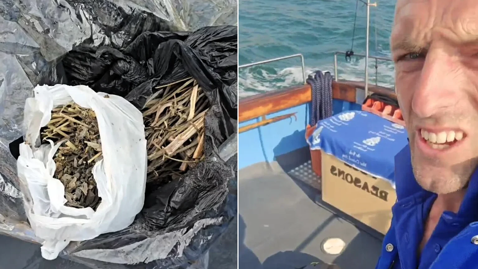 A boat skipper was stunned after hauling in a floating bin bag off the coast of Devon - only to find it stuffed full of cannabis leaves, which he handed to police.